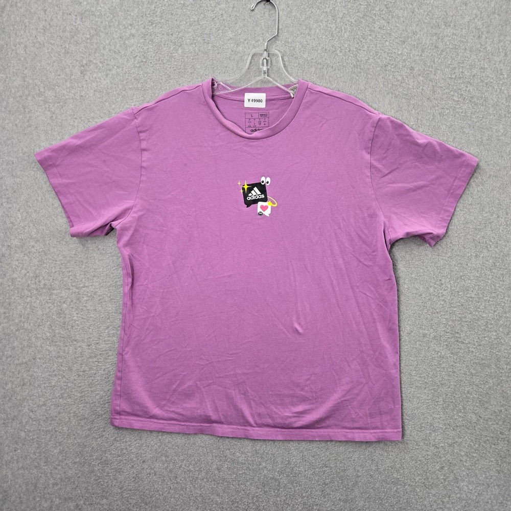 Adidas Women Top Shirt Large Purple Remoji Logo Graphic Crew Neck Short Sleeve
